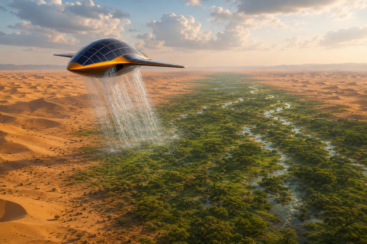 Atmo-scoop ship releasing captured water over a desert frontier, vegetation taking hold below