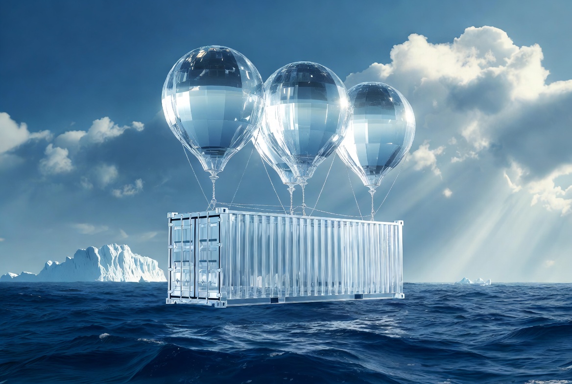 Speculāris ice delivery — graphene dirigibles lifting insulated container from Antarctic ocean with iceberg in background